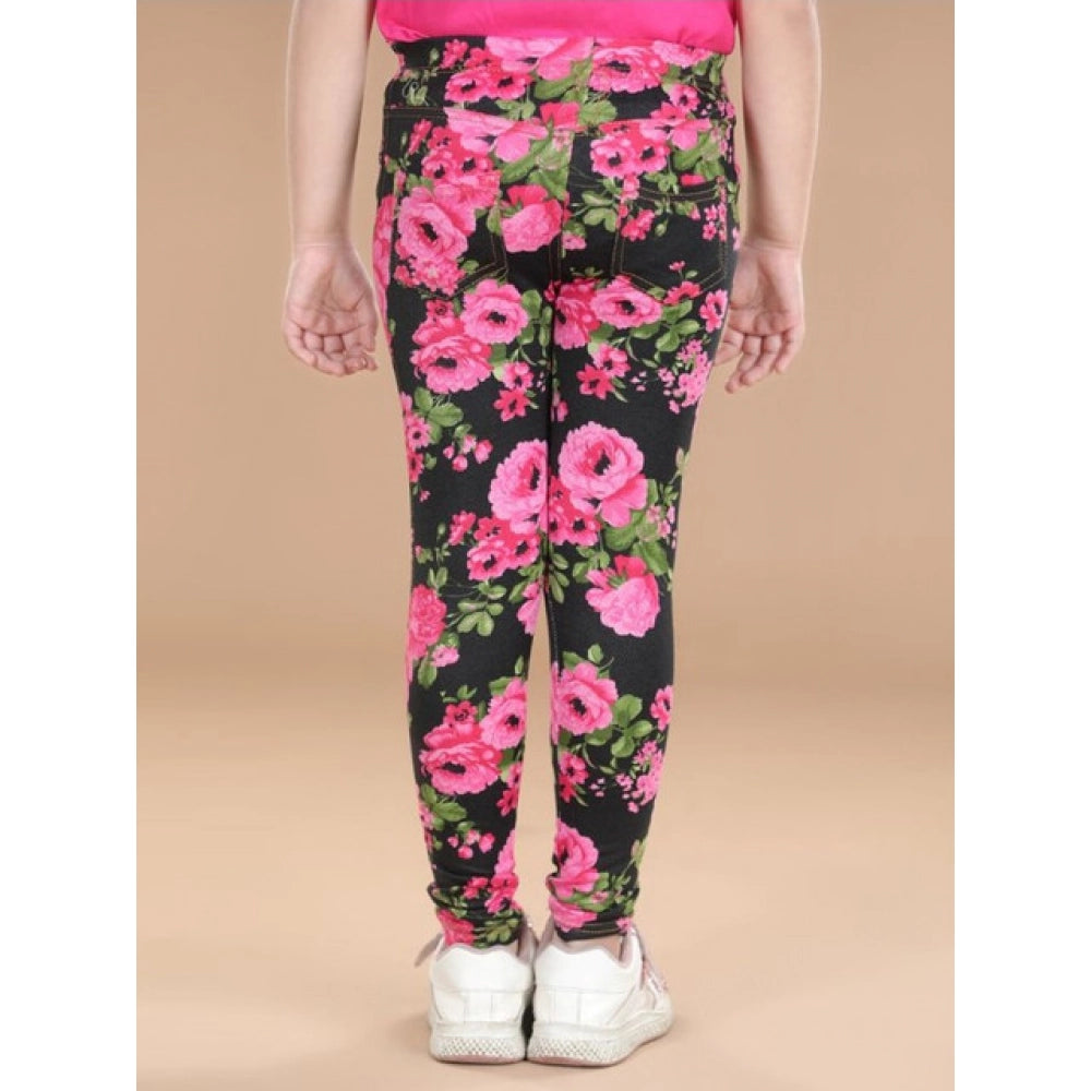 Amfyn Girl's Cotton Lycra Floral Elasticated Jeggings (Black-Pink)