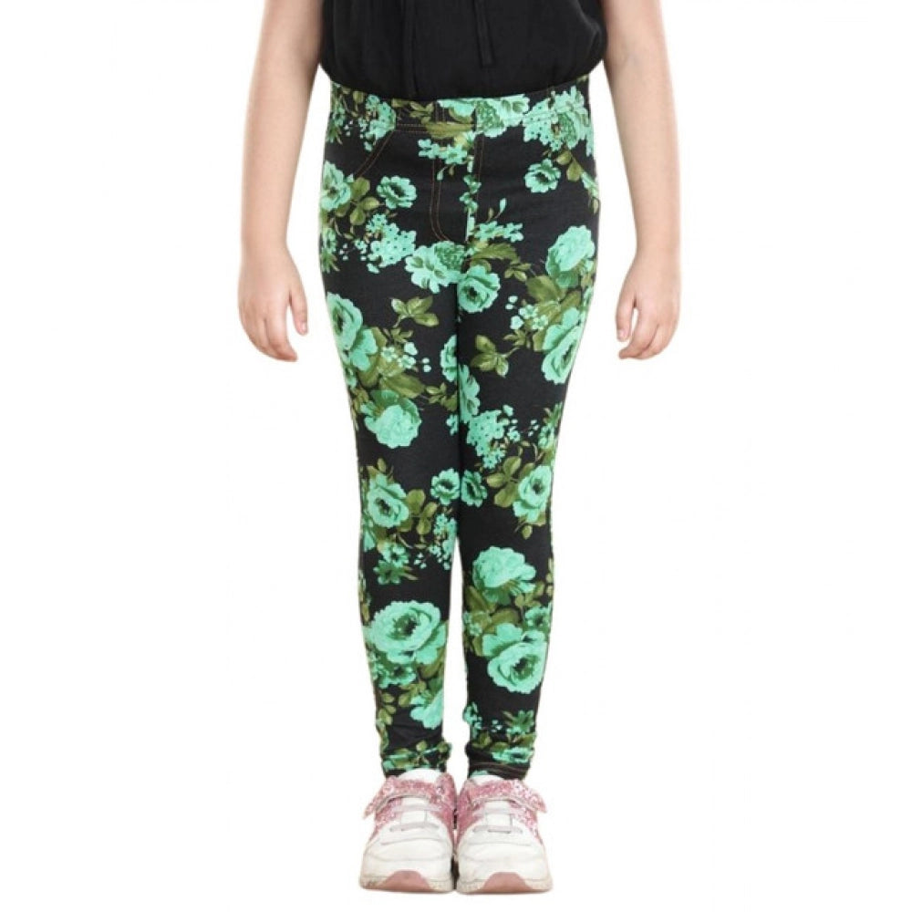 Amfyn Girl's Cotton Lycra Floral Elasticated Jeggings (Black-Green)