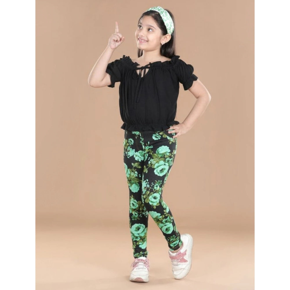 Amfyn Girl's Cotton Lycra Floral Elasticated Jeggings (Black-Green)