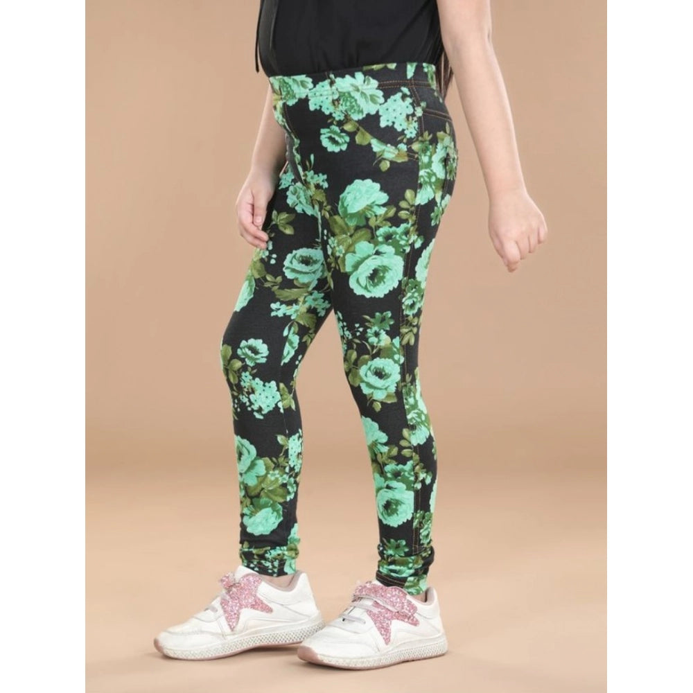 Amfyn Girl's Cotton Lycra Floral Elasticated Jeggings (Black-Green)