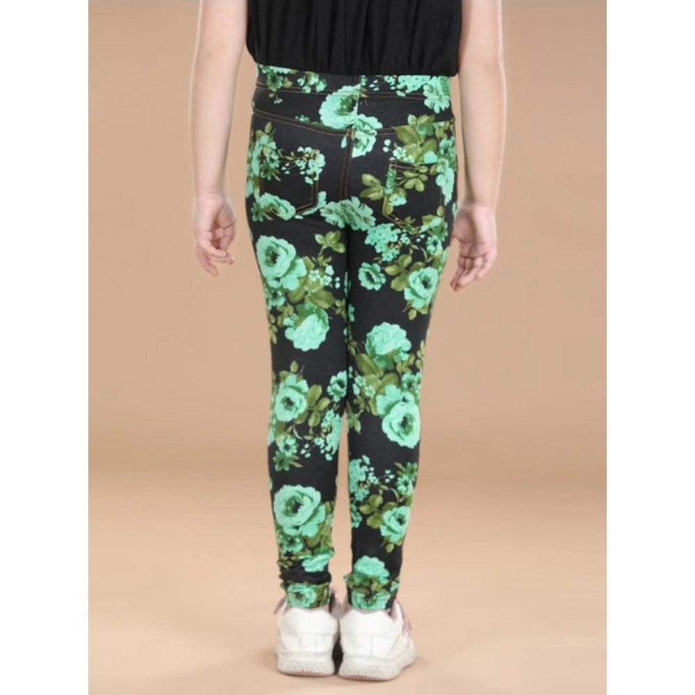 Amfyn Girl's Cotton Lycra Floral Elasticated Jeggings (Black-Green)