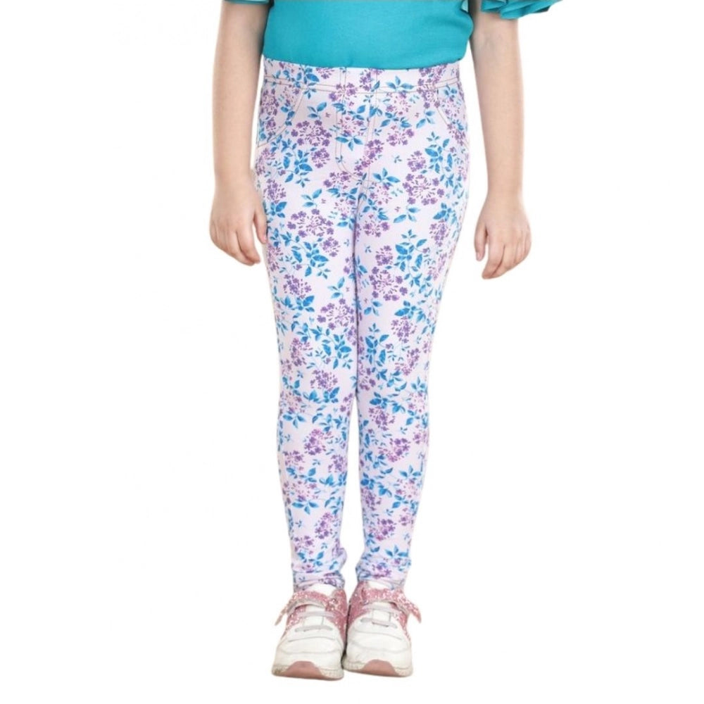 Amfyn Girl's Cotton Lycra Floral Elasticated Jeggings (White-Turquoise Blue)