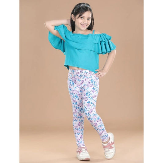 Amfyn Girl's Cotton Lycra Floral Elasticated Jeggings (White-Turquoise Blue)