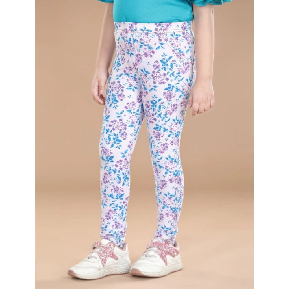 Amfyn Girl's Cotton Lycra Floral Elasticated Jeggings (White-Turquoise Blue)