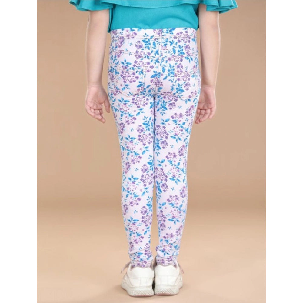 Amfyn Girl's Cotton Lycra Floral Elasticated Jeggings (White-Turquoise Blue)