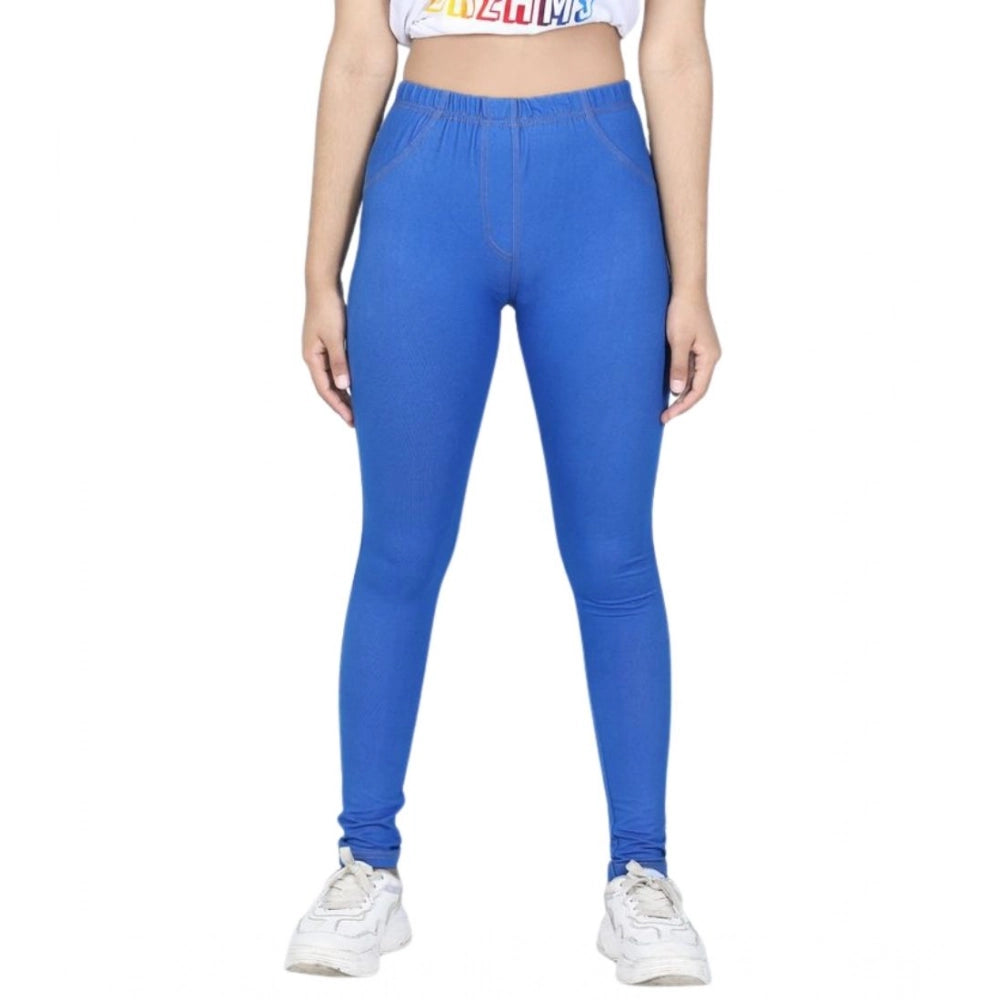 Amfyn Girl's Cotton Lycra Solid Elasticated Jeggings (Blue)