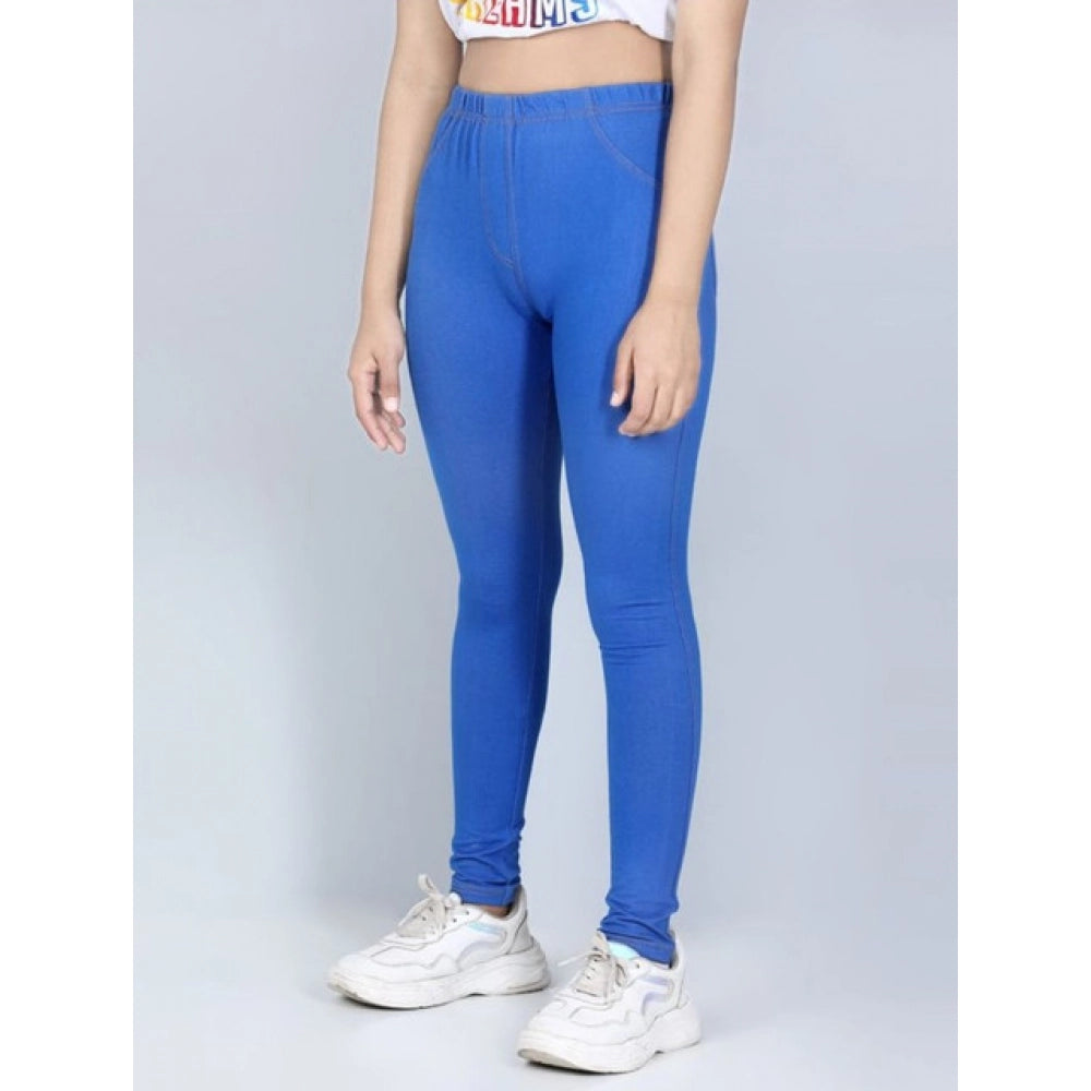 Amfyn Girl's Cotton Lycra Solid Elasticated Jeggings (Blue)