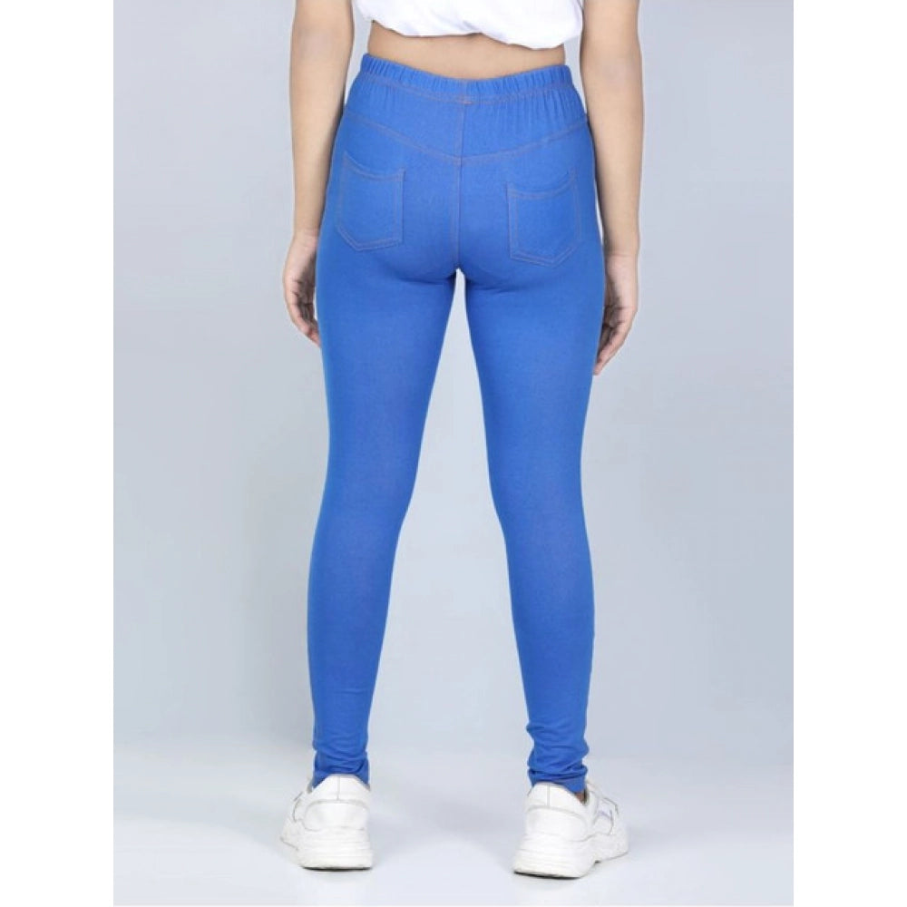 Amfyn Girl's Cotton Lycra Solid Elasticated Jeggings (Blue)