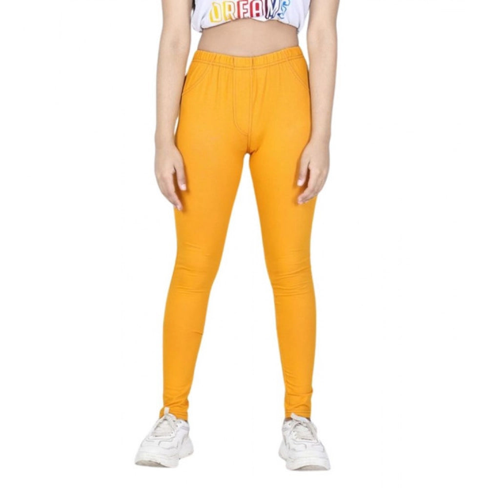 Amfyn Girl's Cotton Lycra Solid Elasticated Jeggings (Mustard)