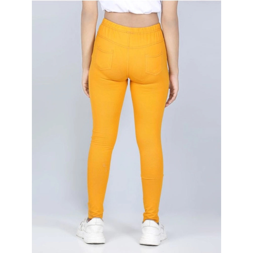 Amfyn Girl's Cotton Lycra Solid Elasticated Jeggings (Mustard)