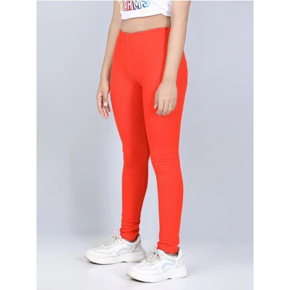 Amfyn Girl's Cotton Lycra Solid Elasticated Jeggings (Orange)