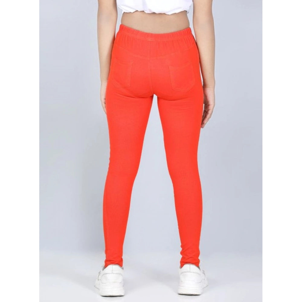 Amfyn Girl's Cotton Lycra Solid Elasticated Jeggings (Orange)