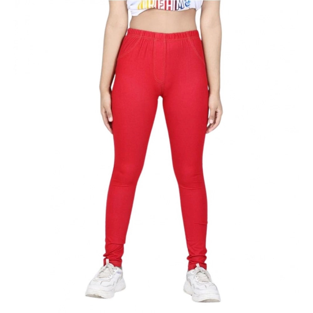 Amfyn Girl's Cotton Lycra Solid Elasticated Jeggings (Red)