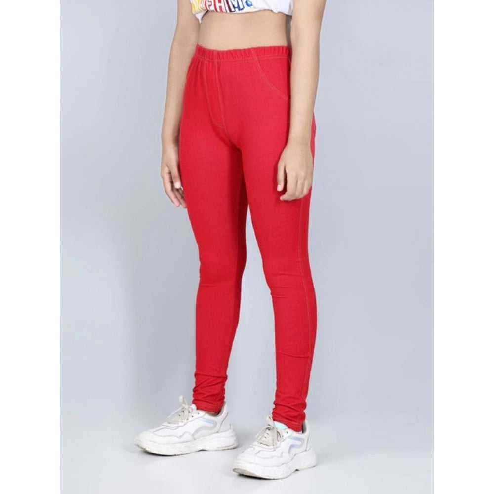 Amfyn Girl's Cotton Lycra Solid Elasticated Jeggings (Red)