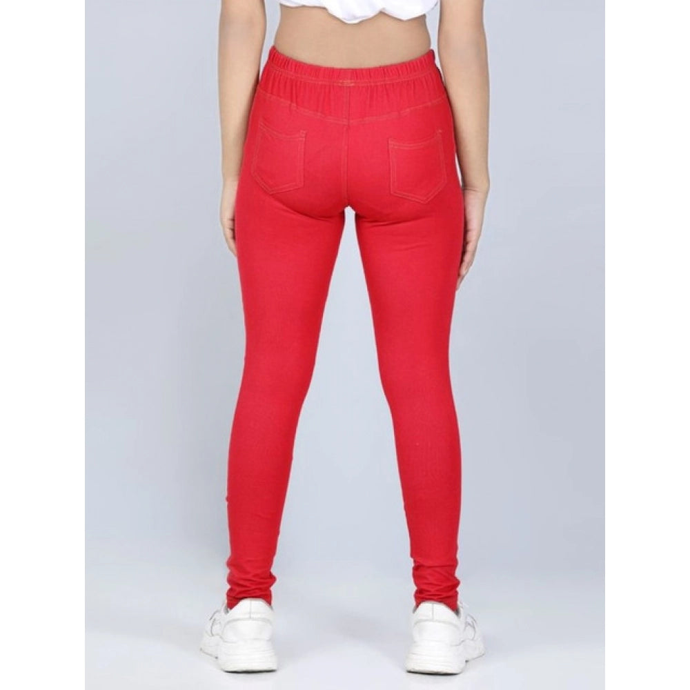 Amfyn Girl's Cotton Lycra Solid Elasticated Jeggings (Red)