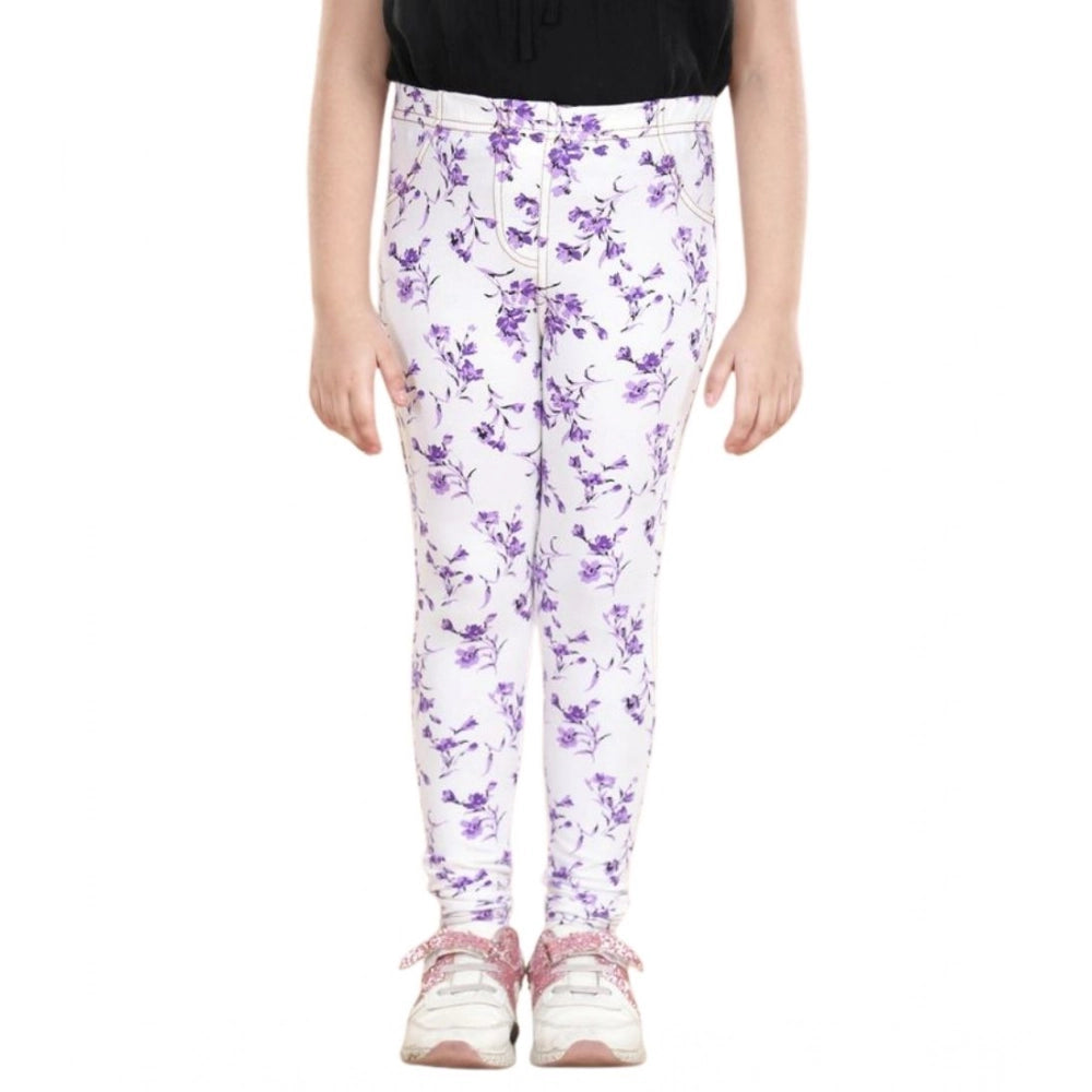 Amfyn Girl's Cotton Lycra Floral Elasticated Jeggings (White-Lavender)
