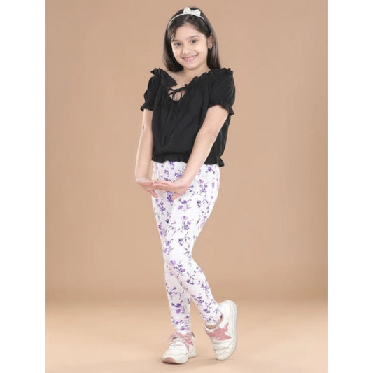 Amfyn Girl's Cotton Lycra Floral Elasticated Jeggings (White-Lavender)