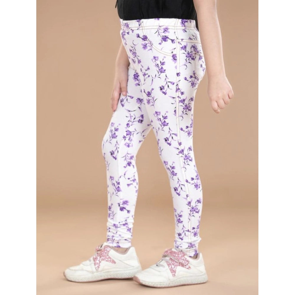 Amfyn Girl's Cotton Lycra Floral Elasticated Jeggings (White-Lavender)