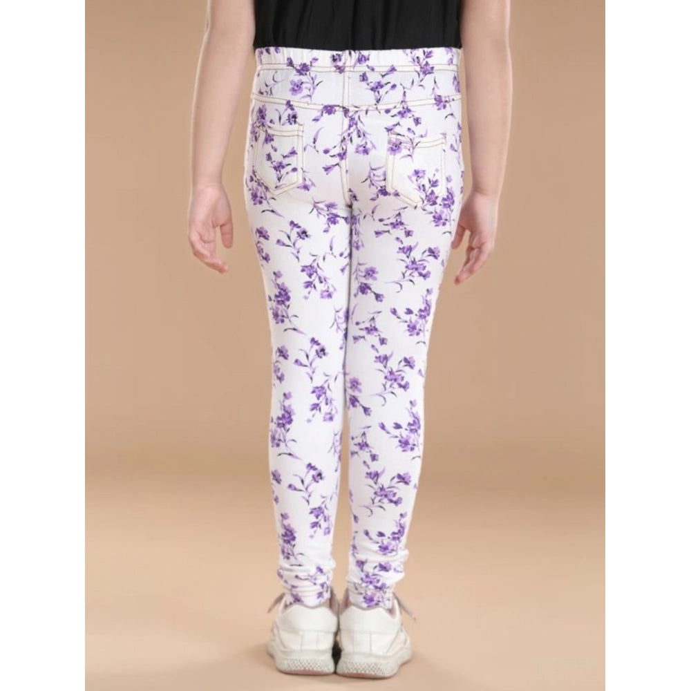 Amfyn Girl's Cotton Lycra Floral Elasticated Jeggings (White-Lavender)