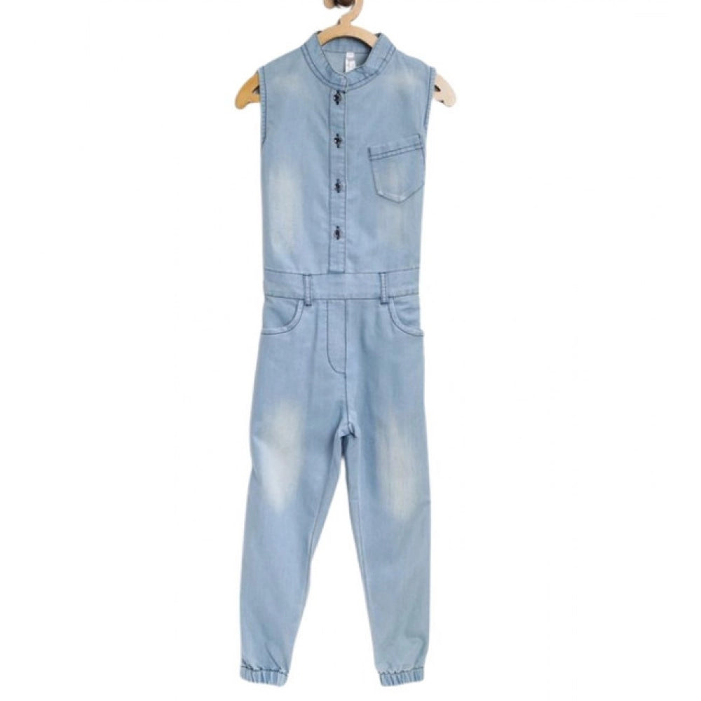 Amfyn Girl's Denim Embellished Sleeveless Jumpsuit (Blue)