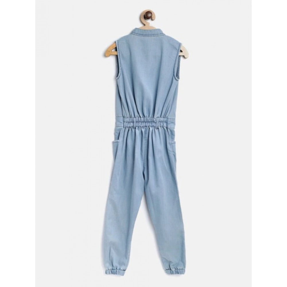 Amfyn Girl's Denim Embellished Sleeveless Jumpsuit (Blue)