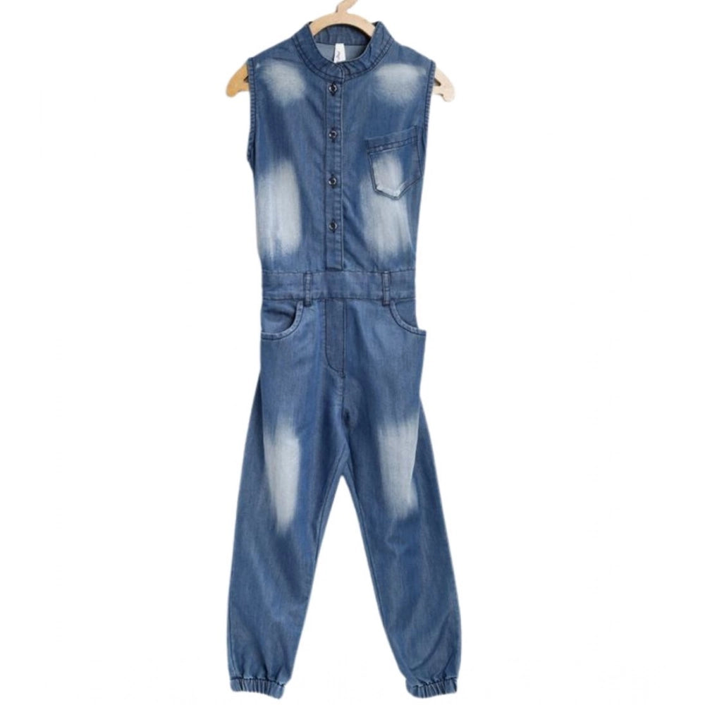 Amfyn Girl's Denim Embellished Sleeveless Jumpsuit (Blue)