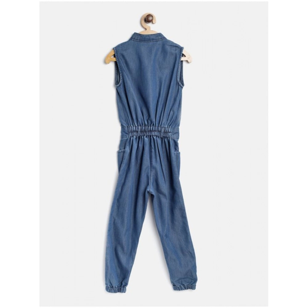Amfyn Girl's Denim Embellished Sleeveless Jumpsuit (Blue)