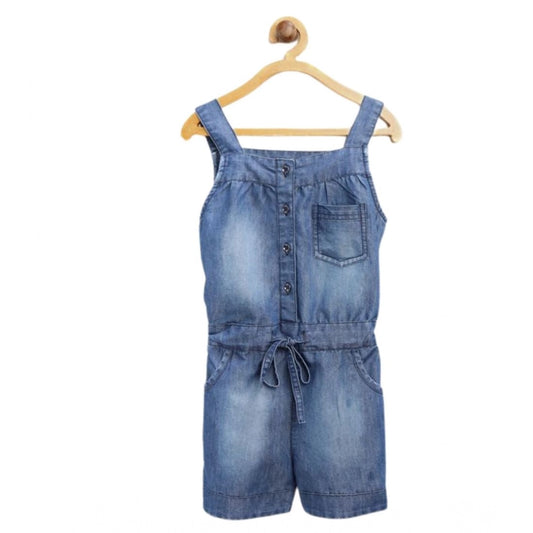 Amfyn Girl's Denim Embroidered Sleeveless Jumpsuit (Blue)