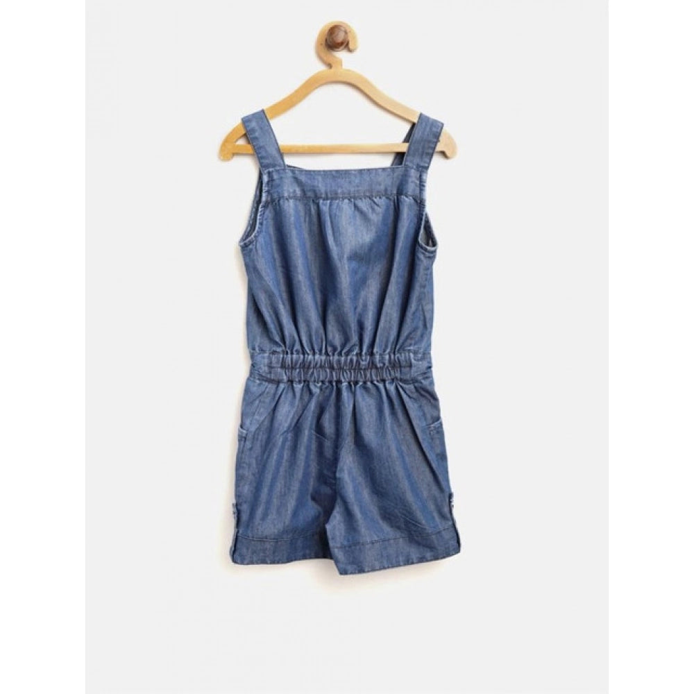 Amfyn Girl's Denim Embroidered Sleeveless Jumpsuit (Blue)