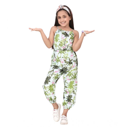 Amfyn Girl's Denim Embroidered Sleeveless Jumpsuit (White-Green)