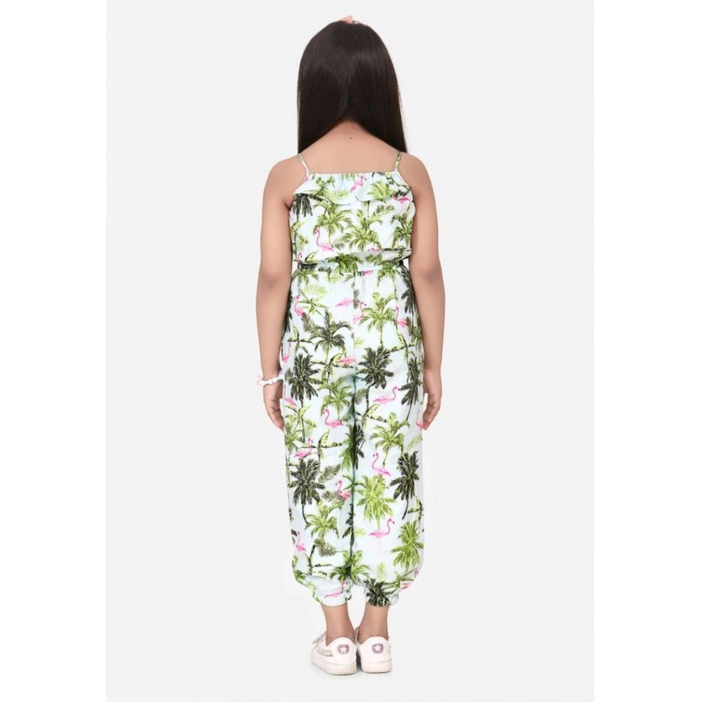 Amfyn Girl's Denim Embroidered Sleeveless Jumpsuit (White-Green)