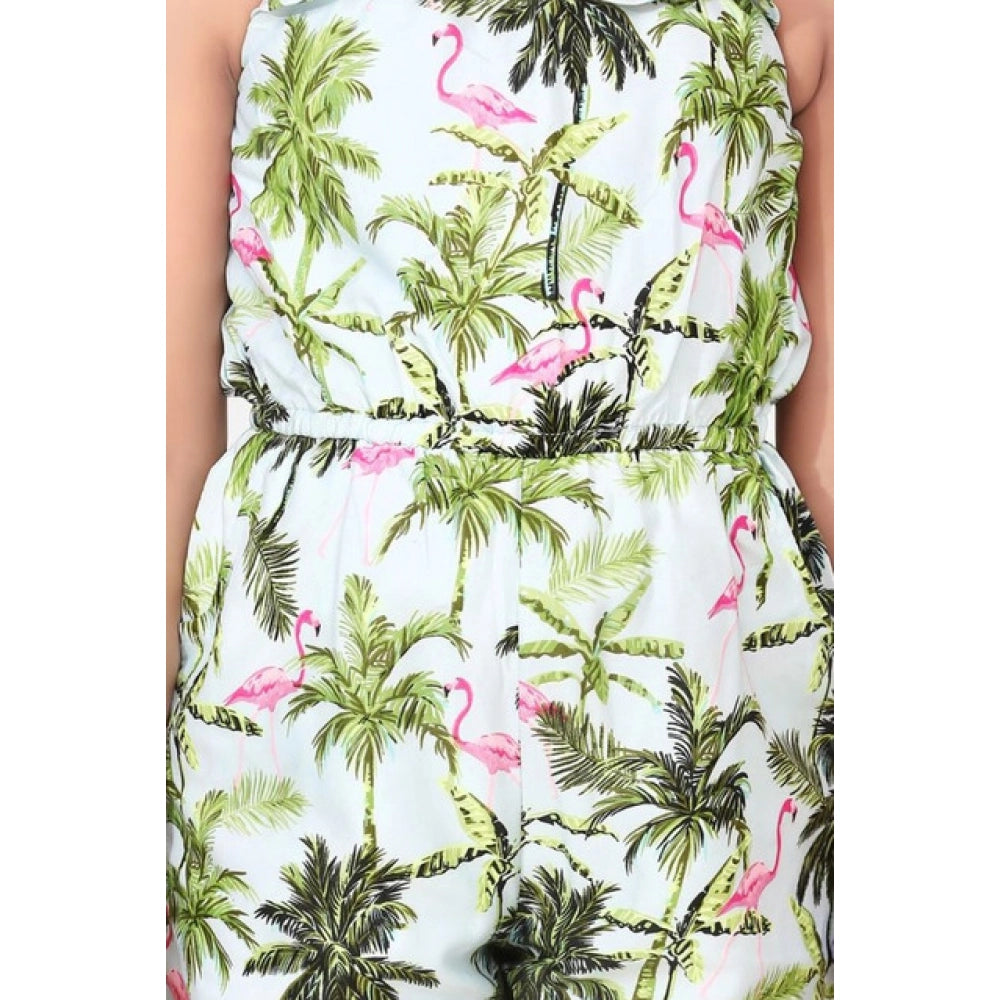 Amfyn Girl's Denim Embroidered Sleeveless Jumpsuit (White-Green)