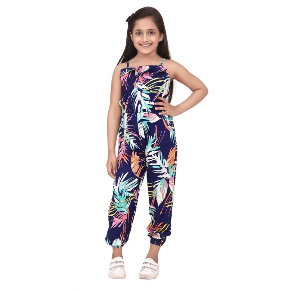 Amfyn Girl's Rayon Printed Sleeveless Jumpsuit (Blue-Multicolor)