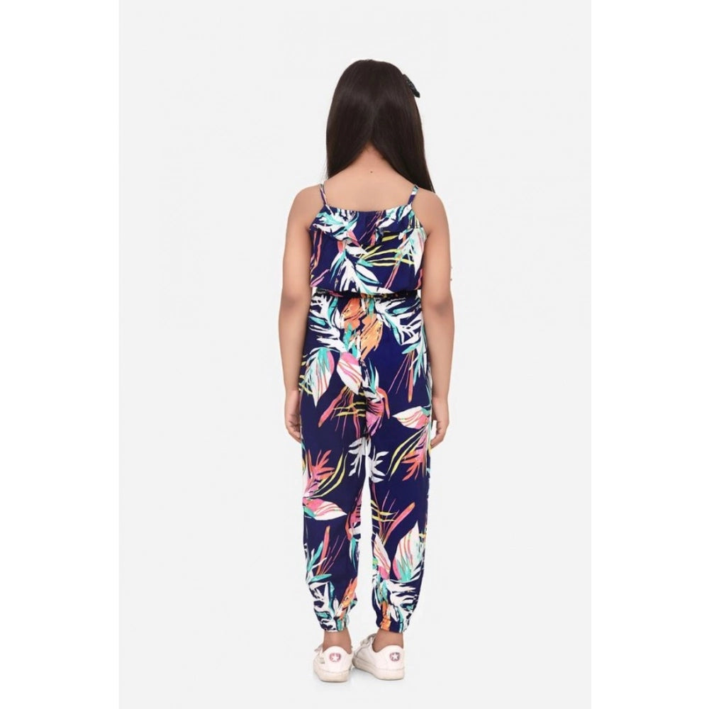 Amfyn Girl's Rayon Printed Sleeveless Jumpsuit (Blue-Multicolor)