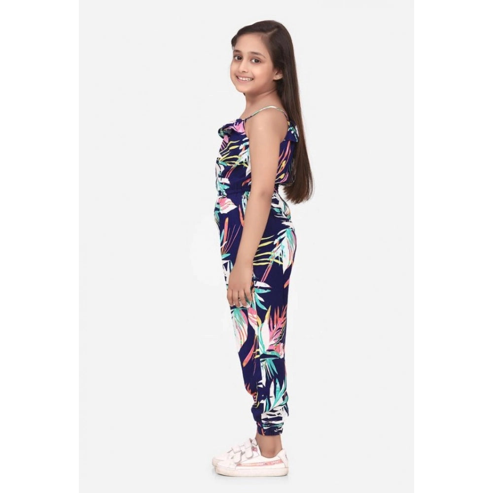 Amfyn Girl's Rayon Printed Sleeveless Jumpsuit (Blue-Multicolor)
