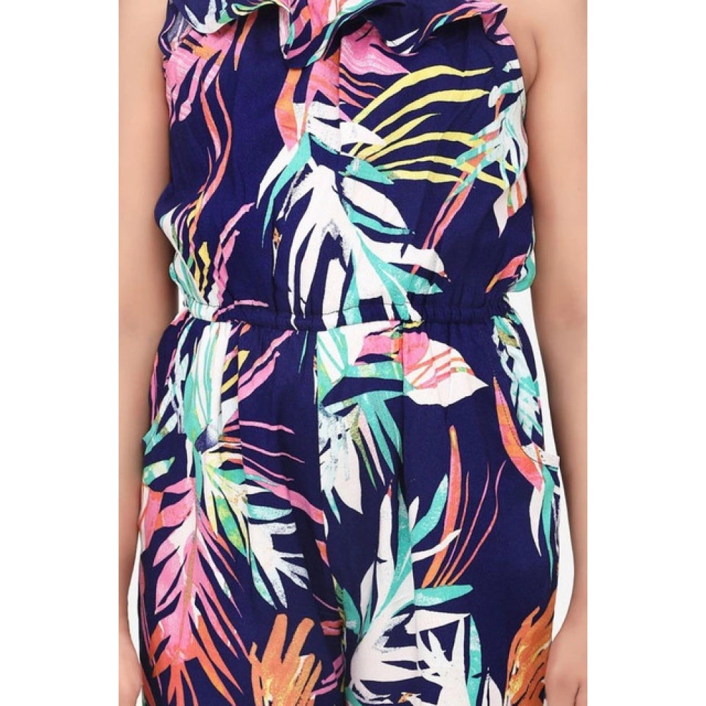Amfyn Girl's Rayon Printed Sleeveless Jumpsuit (Blue-Multicolor)