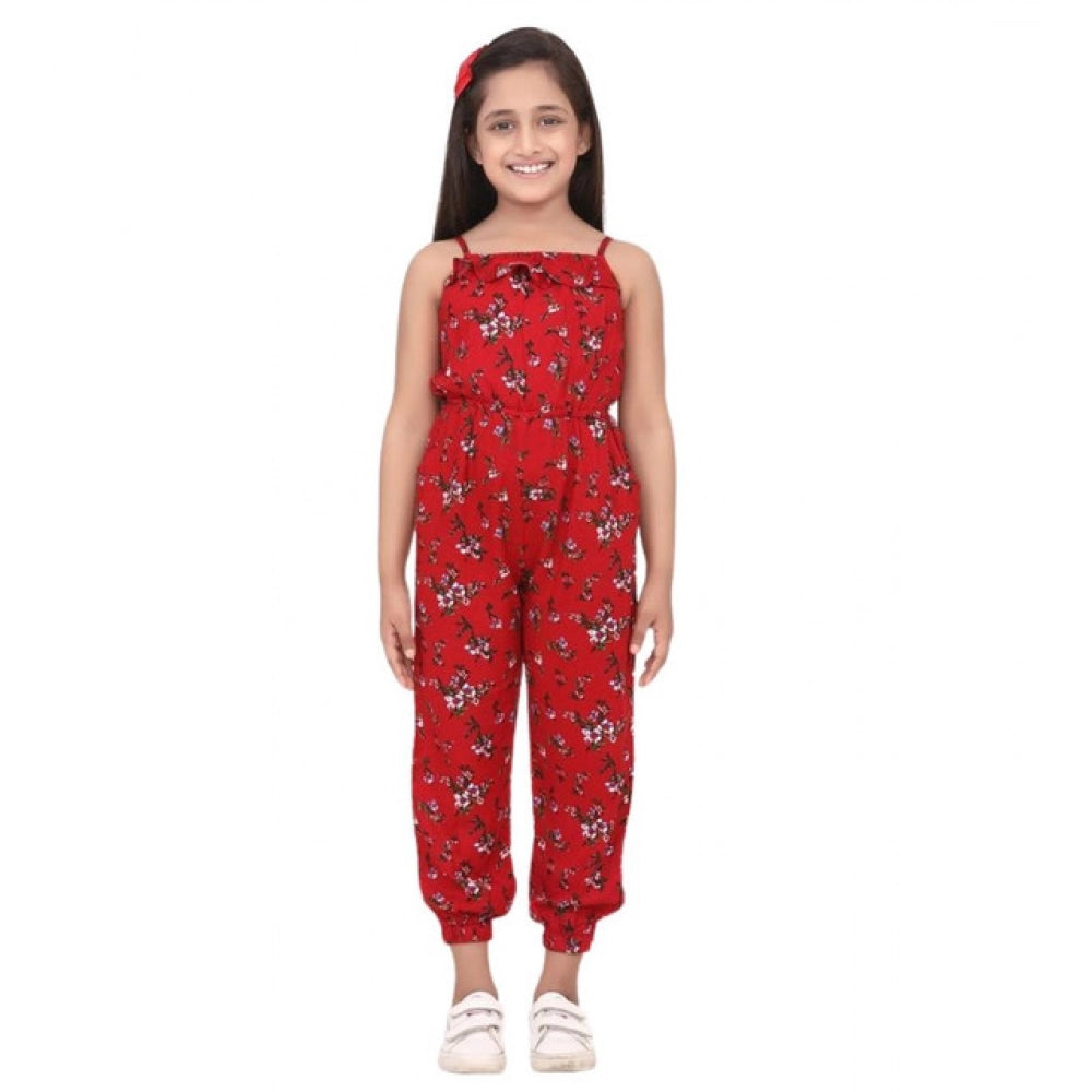 Amfyn Girl's Rayon Floral Sleeveless Jumpsuit (Red)