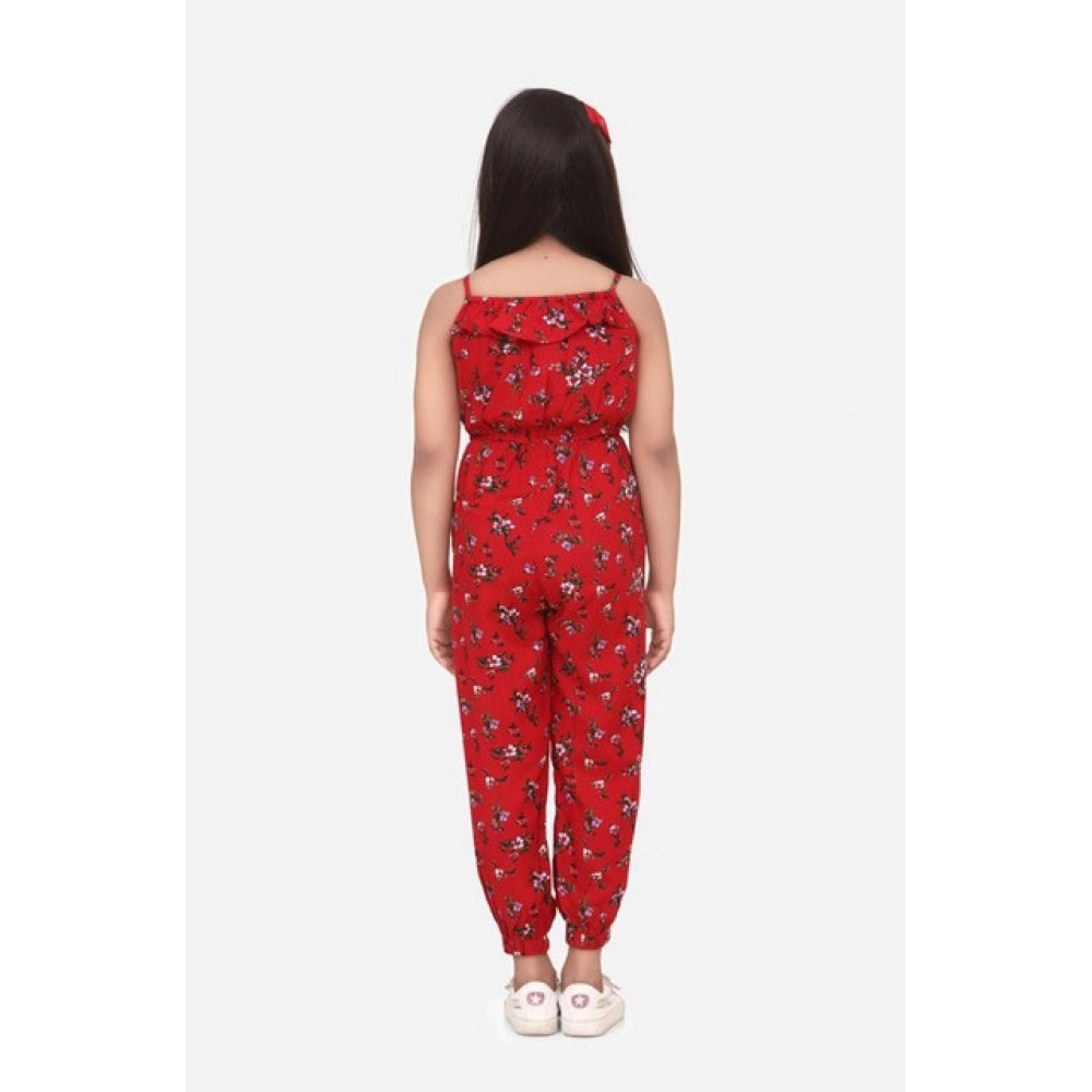 Amfyn Girl's Rayon Floral Sleeveless Jumpsuit (Red)