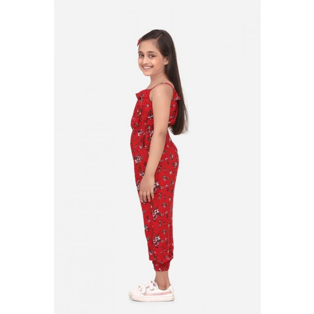 Amfyn Girl's Rayon Floral Sleeveless Jumpsuit (Red)