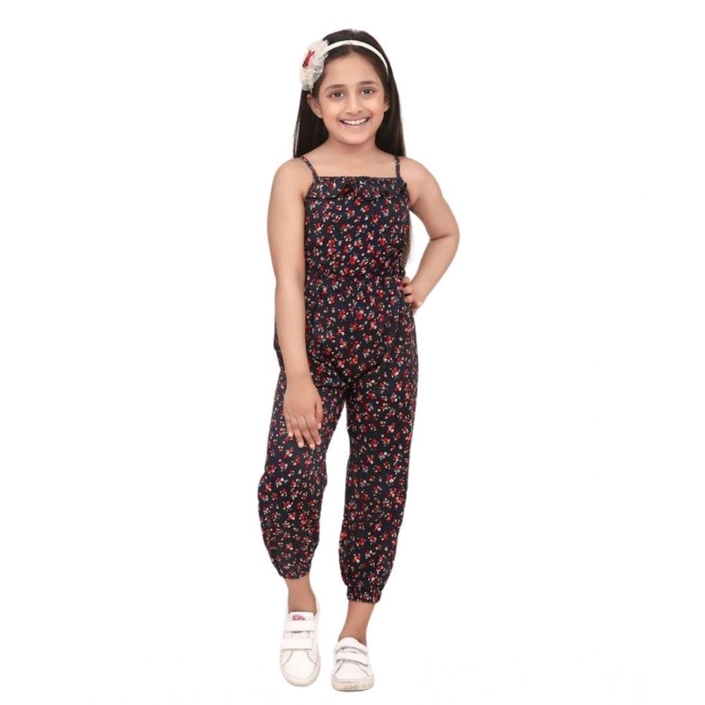 Amfyn Girl's Rayon Floral Sleeveless Jumpsuit (Black-Red)