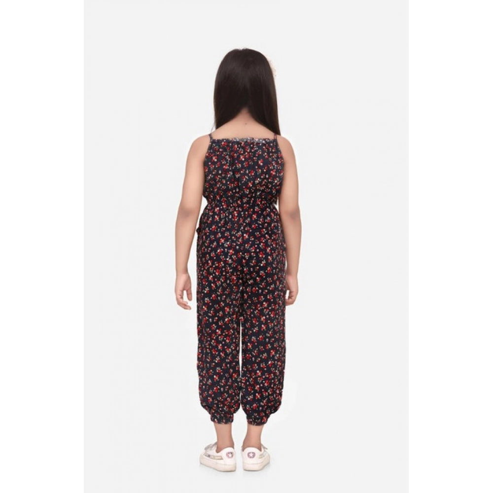 Amfyn Girl's Rayon Floral Sleeveless Jumpsuit (Black-Red)