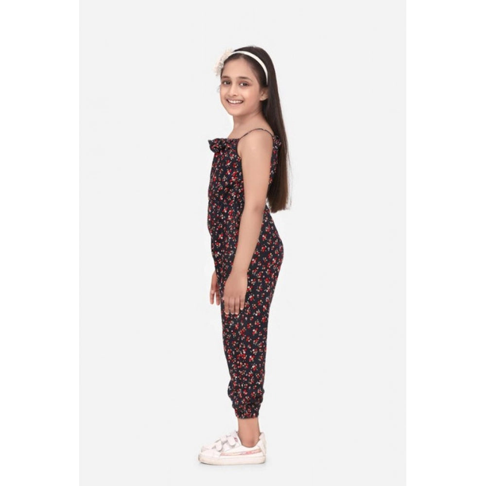 Amfyn Girl's Rayon Floral Sleeveless Jumpsuit (Black-Red)