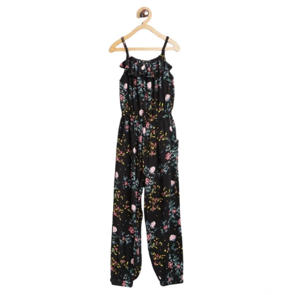 Amfyn Girl's Rayon Floral Sleeveless Jumpsuit (Black-Pink)