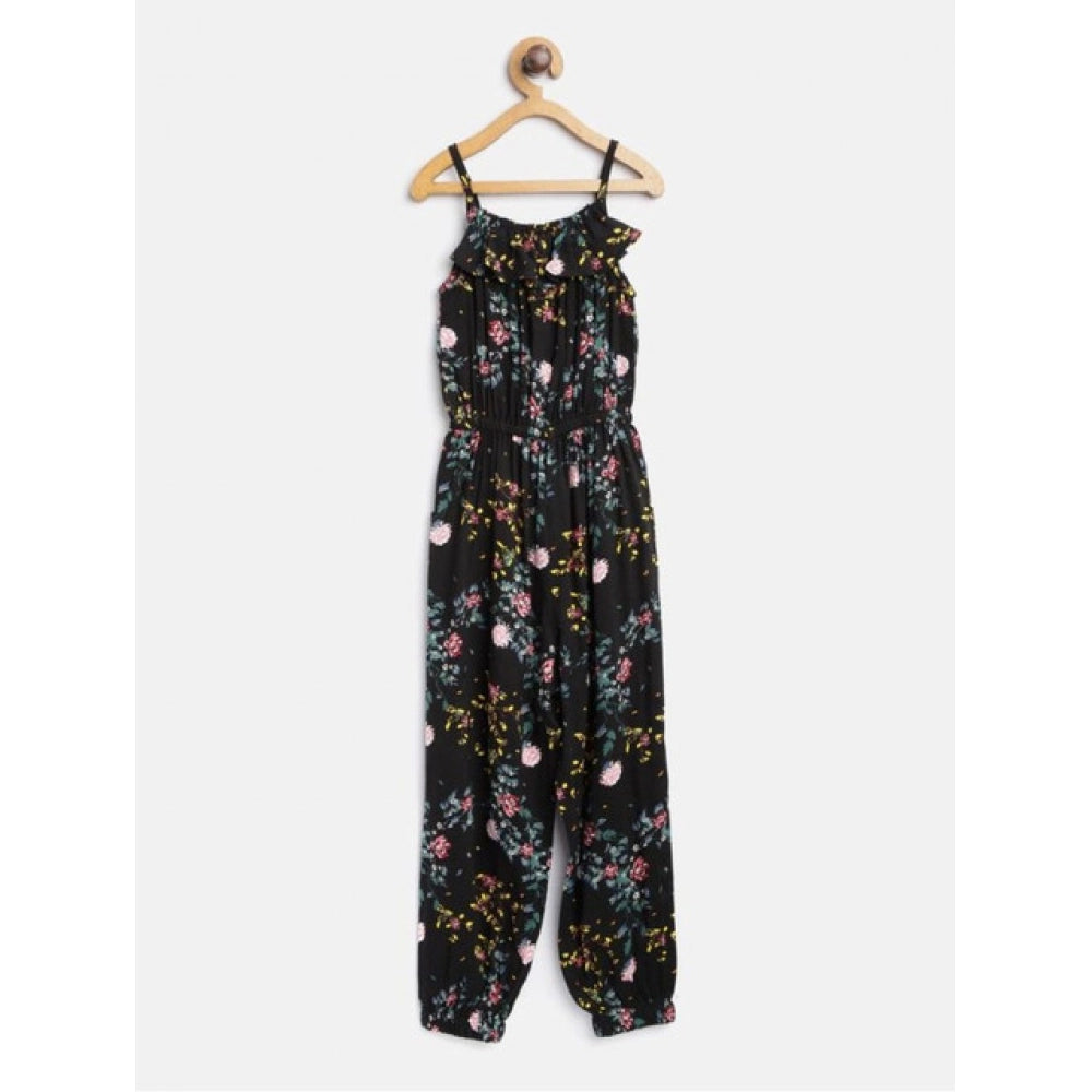 Amfyn Girl's Rayon Floral Sleeveless Jumpsuit (Black-Pink)