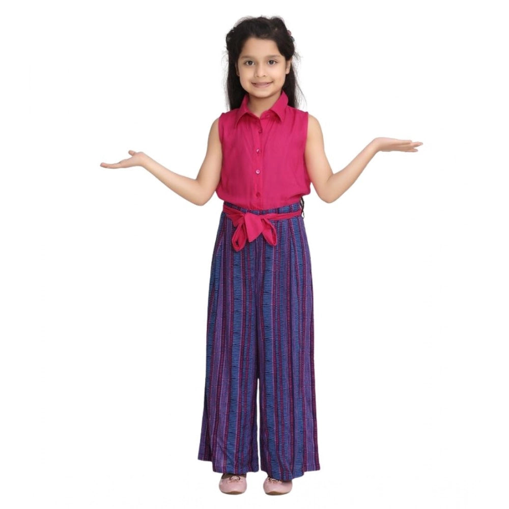 Amfyn Girl's Rayon Colour Block Sleeveless Jumpsuit (Pink-Blue)