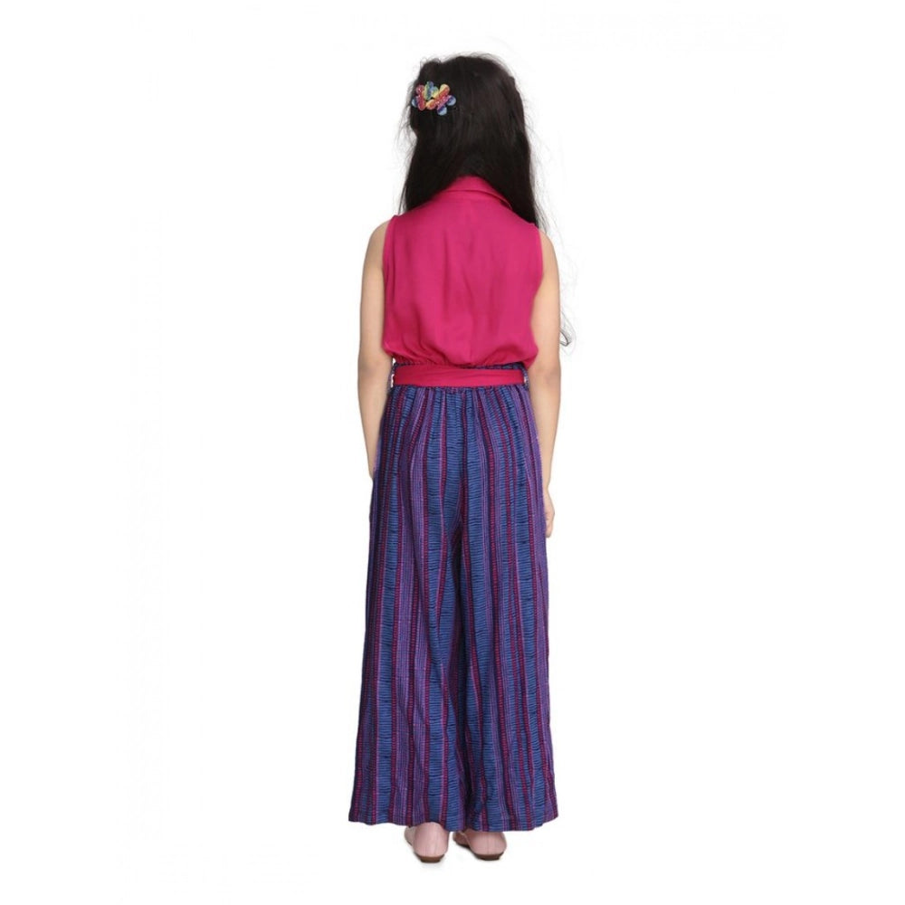 Amfyn Girl's Rayon Colour Block Sleeveless Jumpsuit (Pink-Blue)