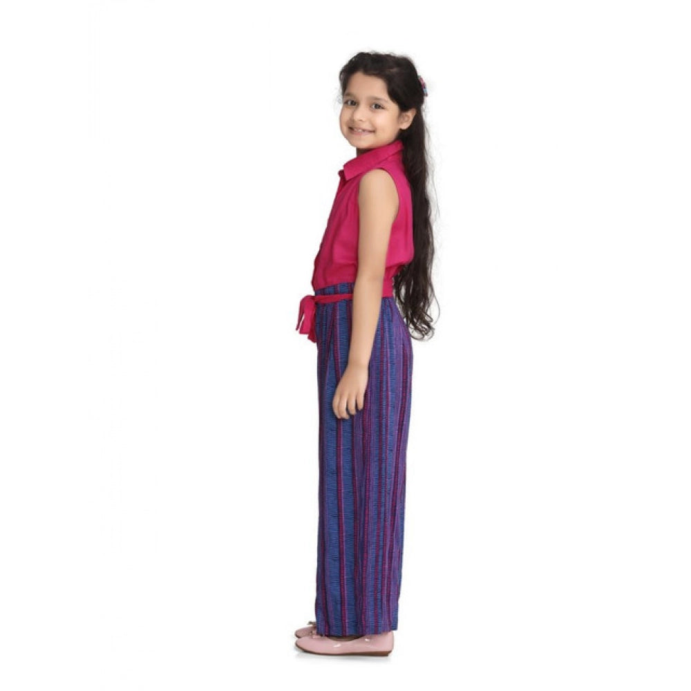 Amfyn Girl's Rayon Colour Block Sleeveless Jumpsuit (Pink-Blue)