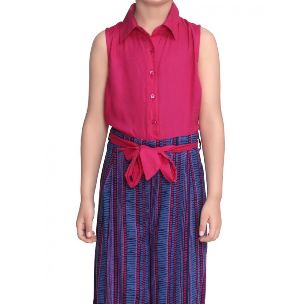 Amfyn Girl's Rayon Colour Block Sleeveless Jumpsuit (Pink-Blue)