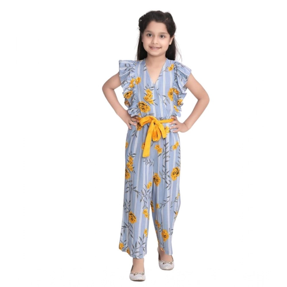 Amfyn Girl's Rayon Floral Flutter Jumpsuit (Blue-Yellow)