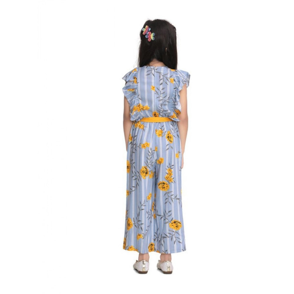 Amfyn Girl's Rayon Floral Flutter Jumpsuit (Blue-Yellow)